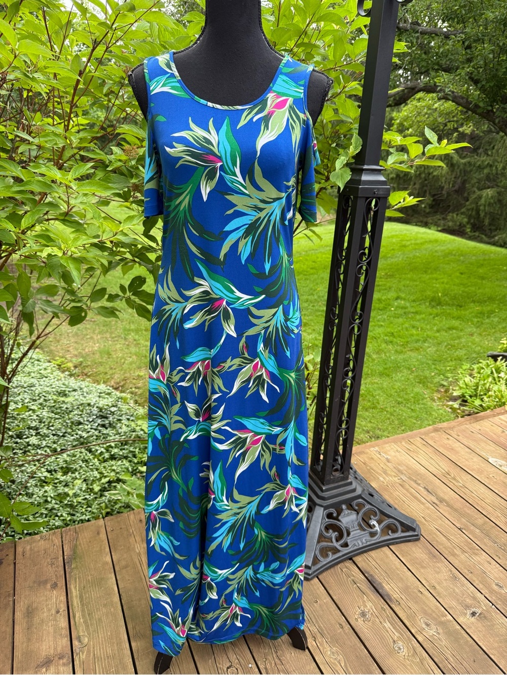 Blue Tropical Cold-Shoulder Maxi Dress size S